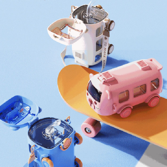 Kids Cute Bear Baby Bus Tritan Water Bottle Student School Children Creative Straw Car Water Bottle Cup