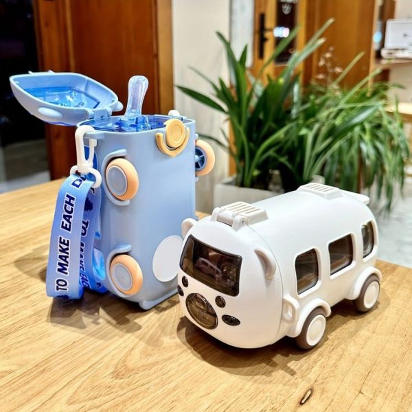 Kids Cute Bear Baby Bus Tritan Water Bottle Student School Children Creative Straw Car Water Bottle Cup
